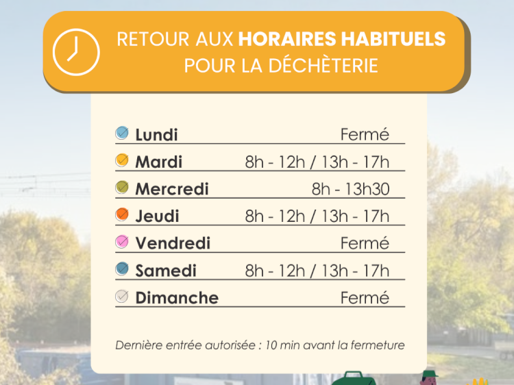 RETOUR AUX HORAIRES HABITUELS POUR LA DECHETERIE