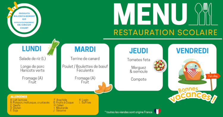 MENU DU 30 JUIN AU 4 JUILLET