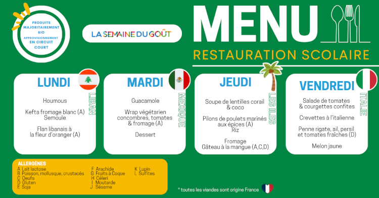MENU DU 13 AU 17 OCTOBRE - SEMAINE DU GOUT