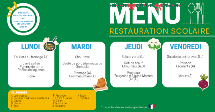 MENU DU 08 AU 12 DÉCEMBRE