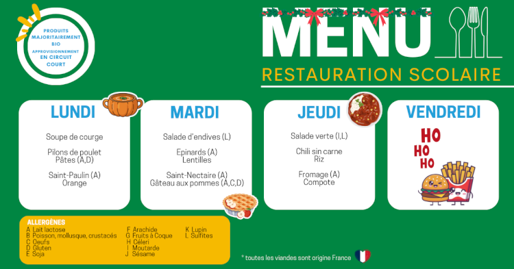 MENU DU 15 AU 19 DÉCEMBRE