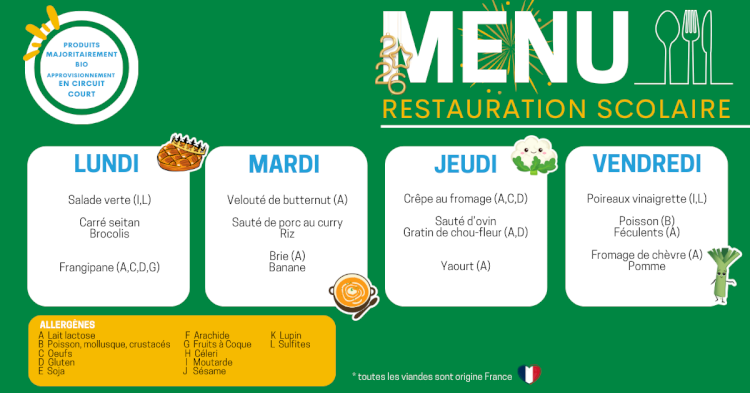 MENU DU 26 AU 30 JANVIER