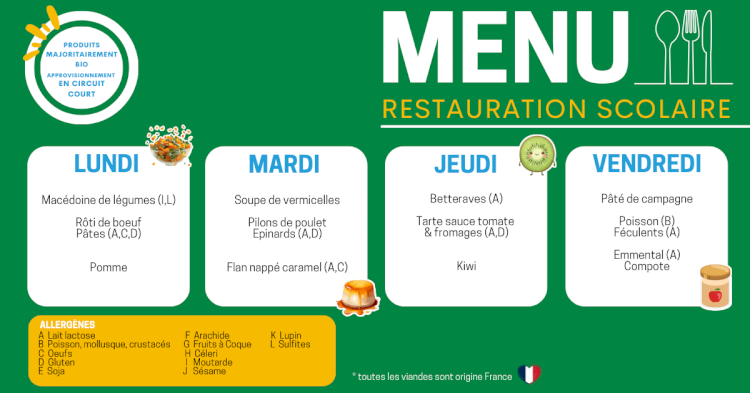 MENU DU 23 AU 27 MARS