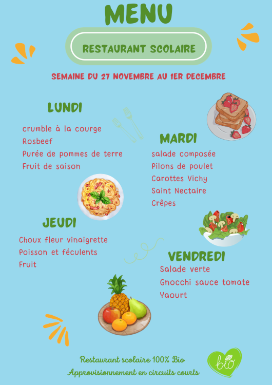 MENU DU 27 NOVEMBRE AU 1ER DECEMBRE